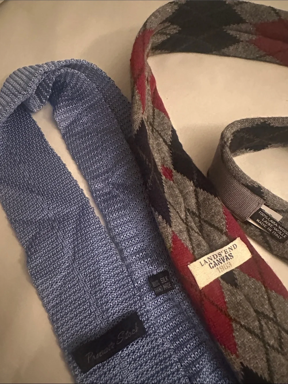 Lands' End Light Blue Knit Tie and Gray Red Argyle Tie Set